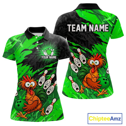 Front and back view custom funny chicken bowling team polo shirt for women featuring green abstract bowling design with personalized your name and team name