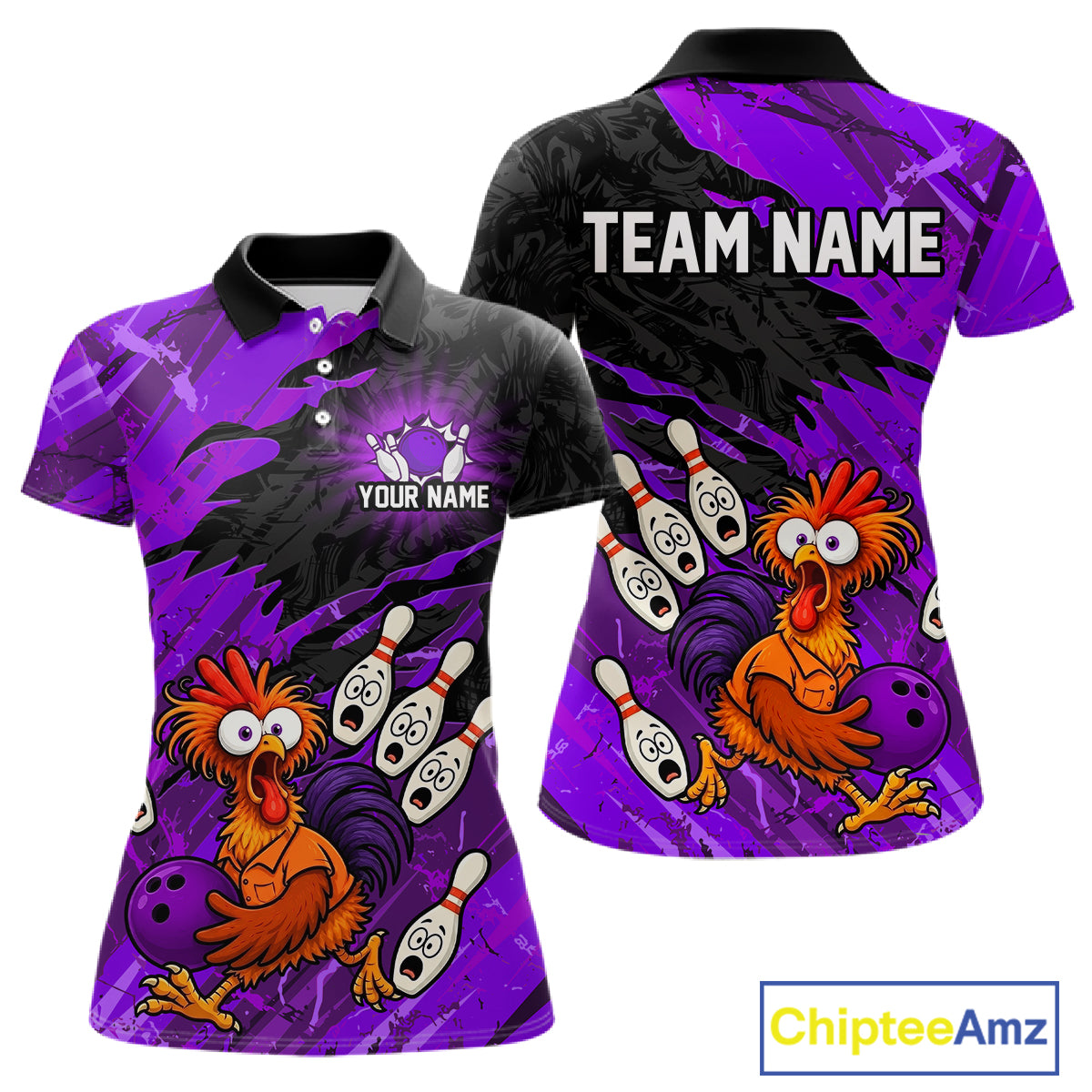 Front and back view custom purple chicken bowling polo shirt featuring a funny cartoon mascot with bowling pins, bowling ball and purple black brush stroke pattern, personalized with team name and player name