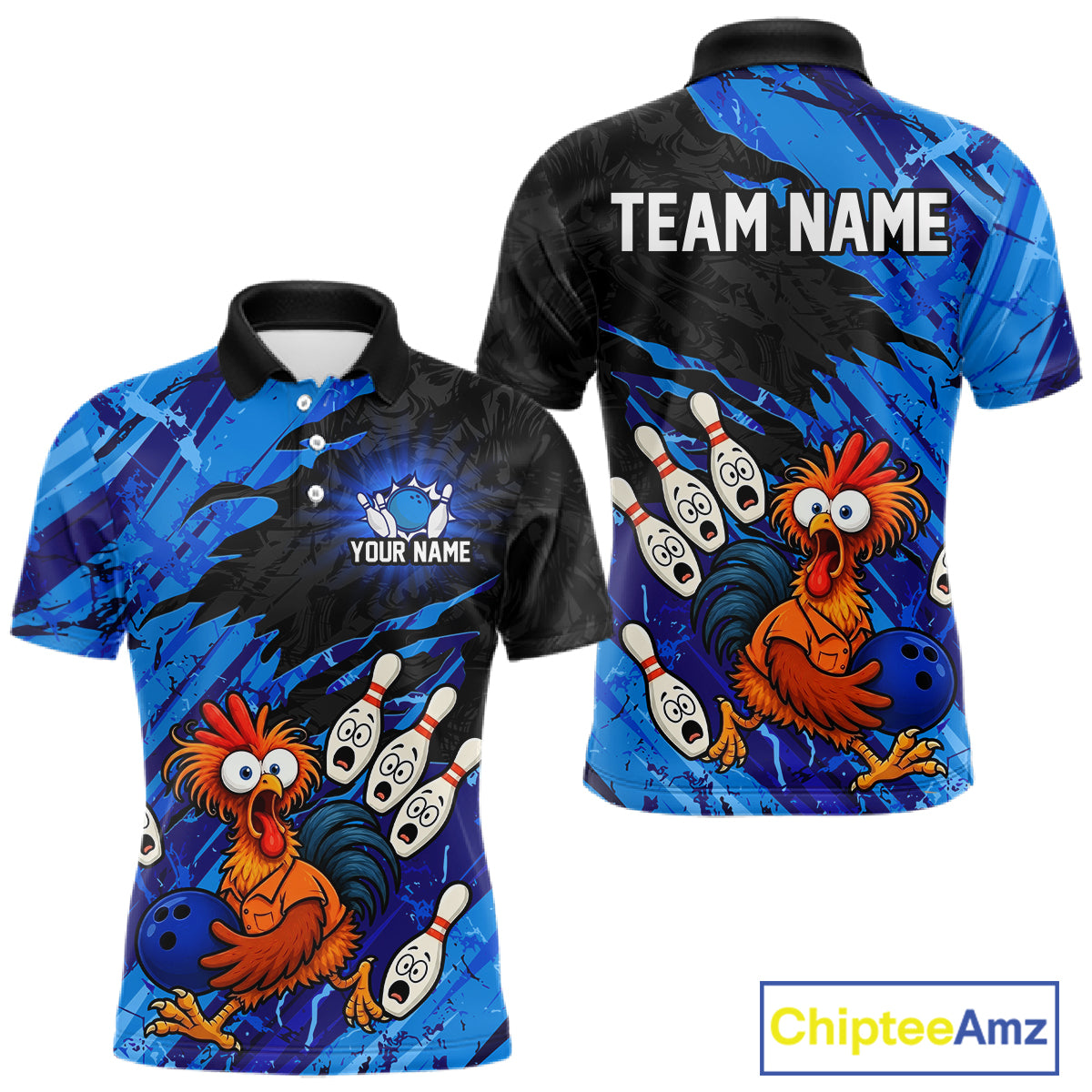 Front and back view custom funny chicken bowling team polo shirt featuring blue abstract bowling design with personalized your name and team name