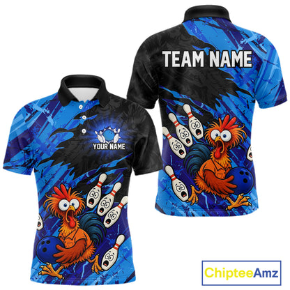 Front and back view custom funny chicken bowling team polo shirt featuring blue abstract bowling design with personalized your name and team name
