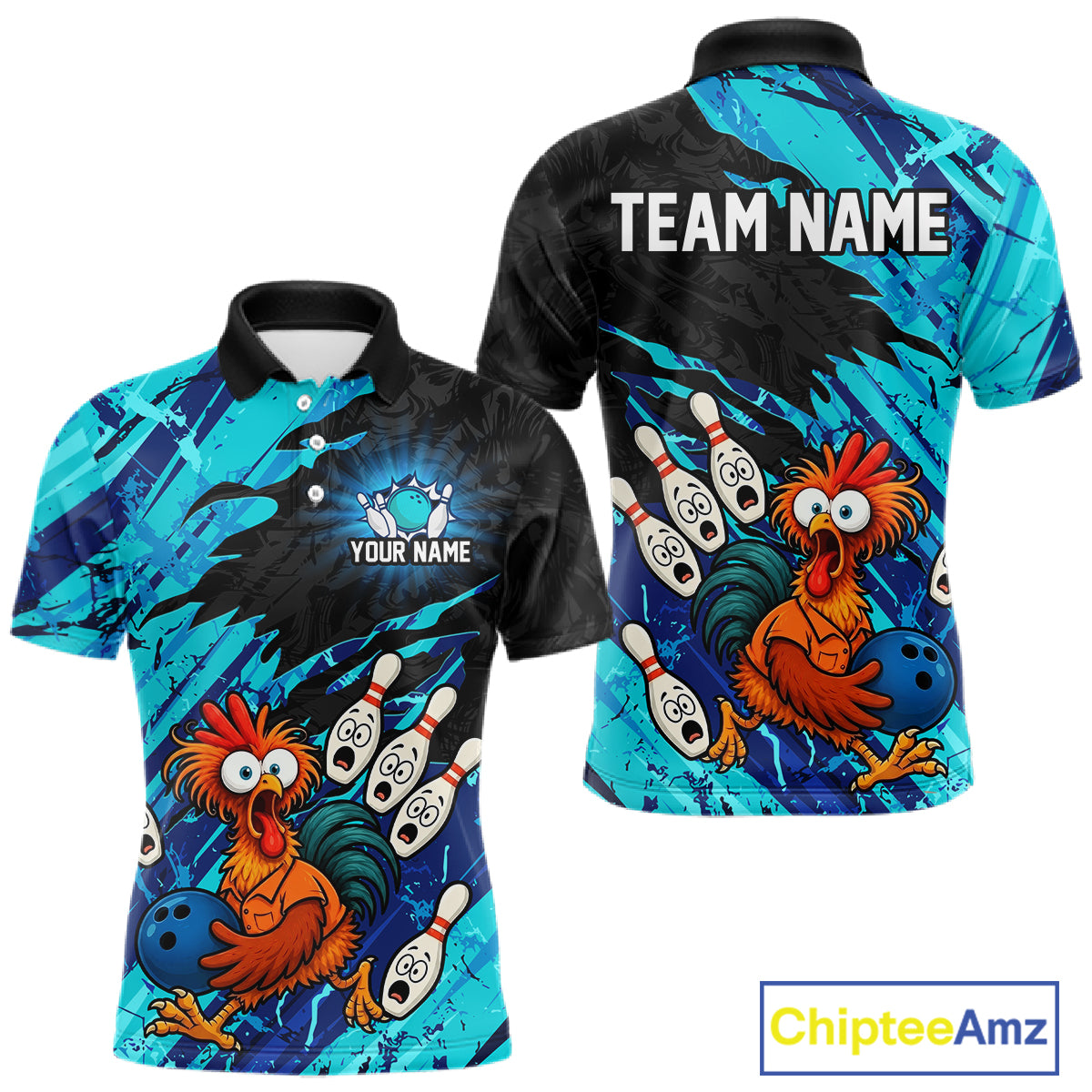 Front and back view custom cyan chicken bowling polo shirt featuring a funny cartoon bowling mascot with bowling pins, bowling ball and cyan black abstract brush stroke pattern, personalized with team name and player name