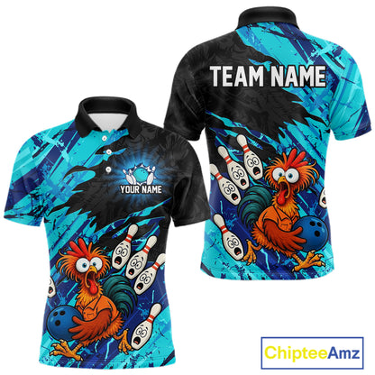 Front and back view custom cyan chicken bowling polo shirt featuring a funny cartoon bowling mascot with bowling pins, bowling ball and cyan black abstract brush stroke pattern, personalized with team name and player name