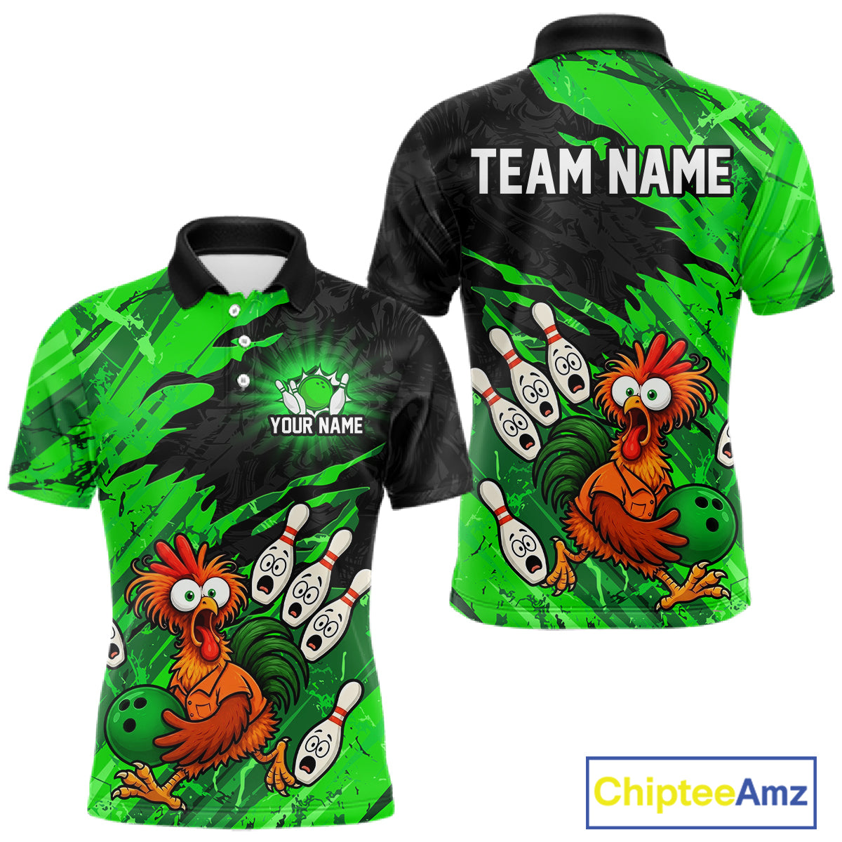 Front and back view custom funny chicken bowling team polo shirt featuring green abstract bowling design with personalized your name and team name