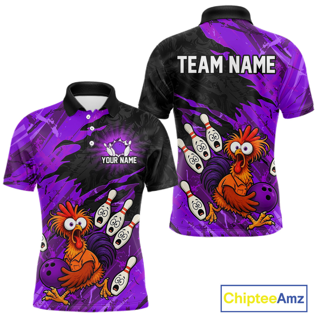 Front and back view custom purple chicken bowling polo shirt featuring a funny cartoon mascot with bowling pins, bowling ball and purple black brush stroke pattern, personalized with team name and player name