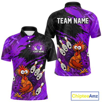 Front and back view custom purple chicken bowling polo shirt featuring a funny cartoon mascot with bowling pins, bowling ball and purple black brush stroke pattern, personalized with team name and player name