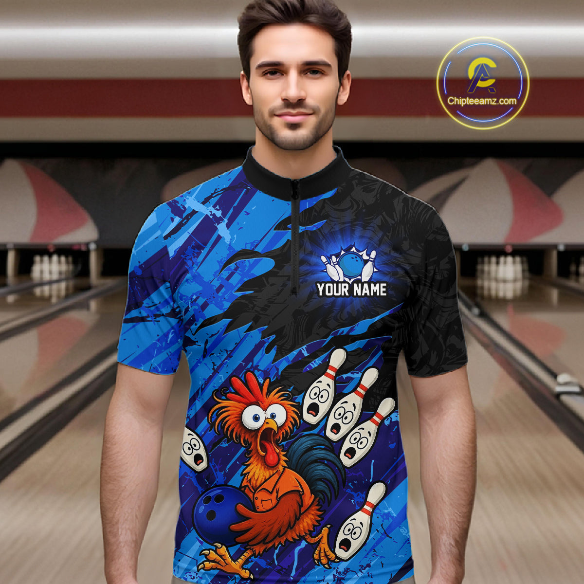 Front view male model wearing custom chicken bowling jersey standing at bowling alley