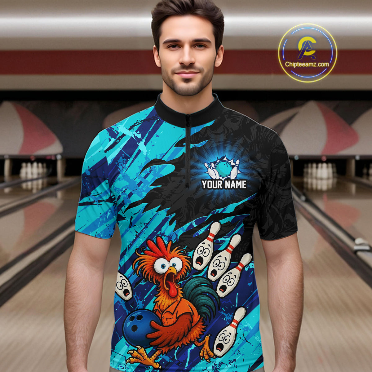 Male model wearing a custom cyan chicken bowling quarter-zip shirt front view featuring a colorful bowling mascot graphic, bowling pins, bowling ball and cyan abstract brush stroke pattern at the bowling alley