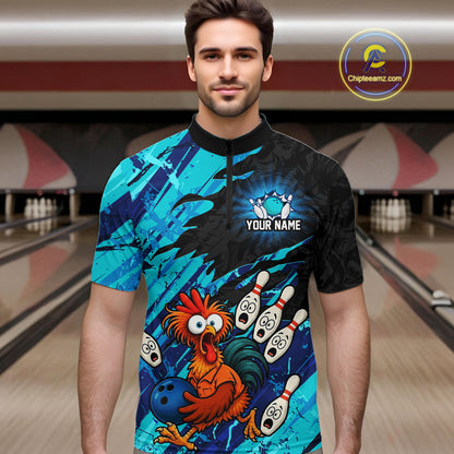 Male model wearing a custom cyan chicken bowling quarter-zip shirt front view featuring a colorful bowling mascot graphic, bowling pins, bowling ball and cyan abstract brush stroke pattern at the bowling alley