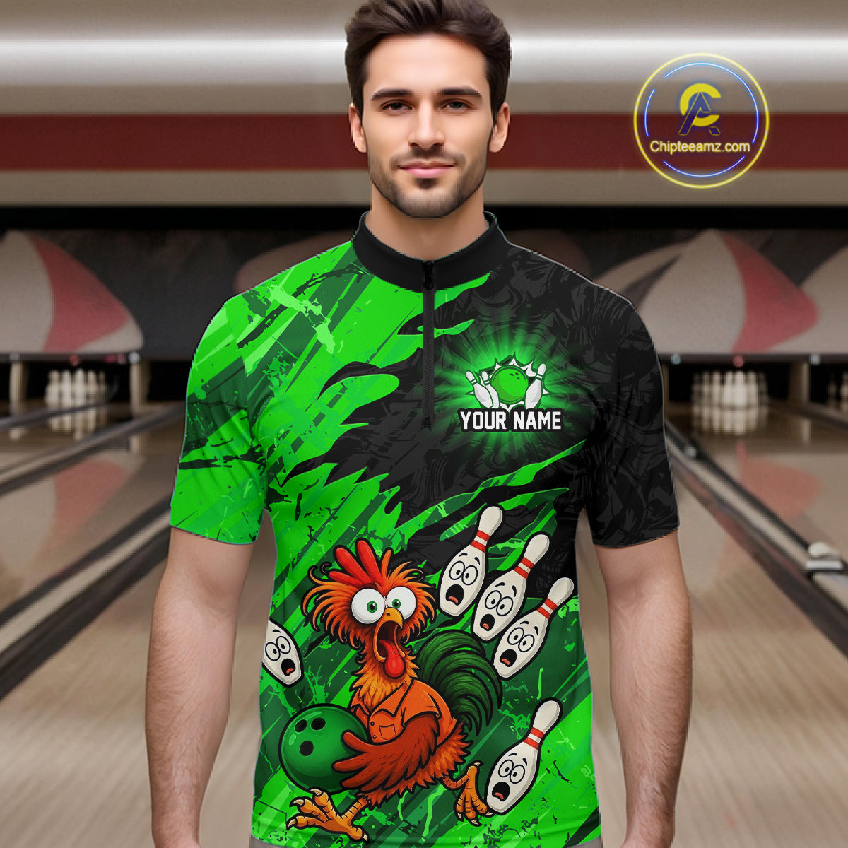 Front view male model wearing custom green chicken bowling jersey standing at bowling alley