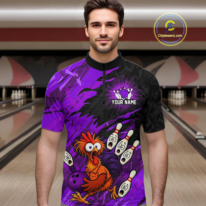 Male model wearing a custom purple chicken bowling quarter-zip front view displaying the personalized your name above a colorful bowling mascot graphic on a purple brush stroke background