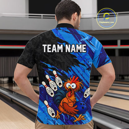 Back view male model wearing custom chicken bowling jersey with personalized team name on back