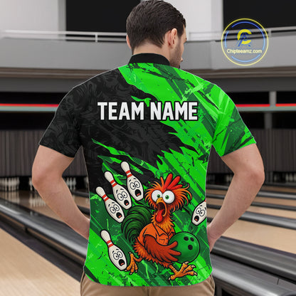 Back view male model wearing custom green chicken bowling jersey with personalized team name on back