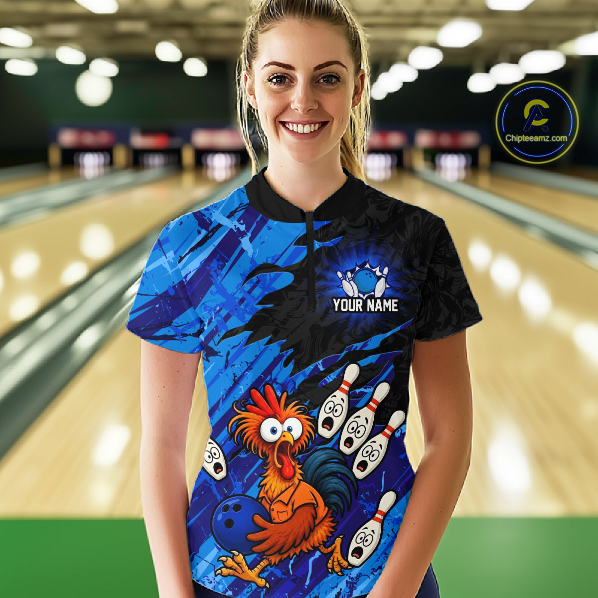 Front view female model wearing custom chicken bowling jersey standing at bowling alley
