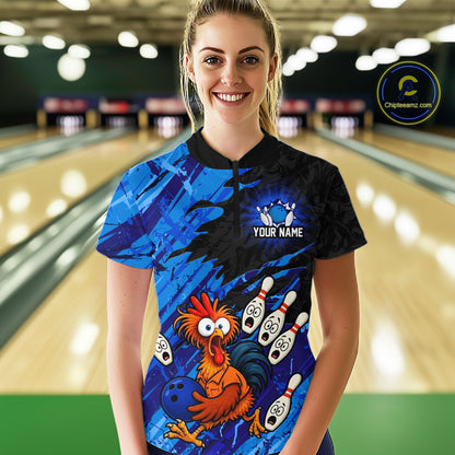 Front view female model wearing custom chicken bowling jersey standing at bowling alley