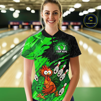 Front view female model wearing custom green chicken bowling jersey standing at bowling alley
