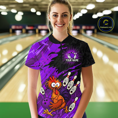 Female model wearing a custom purple chicken bowling quarter-zip front view displaying the personalized your name above a colorful bowling mascot graphic on a purple brush stroke background
