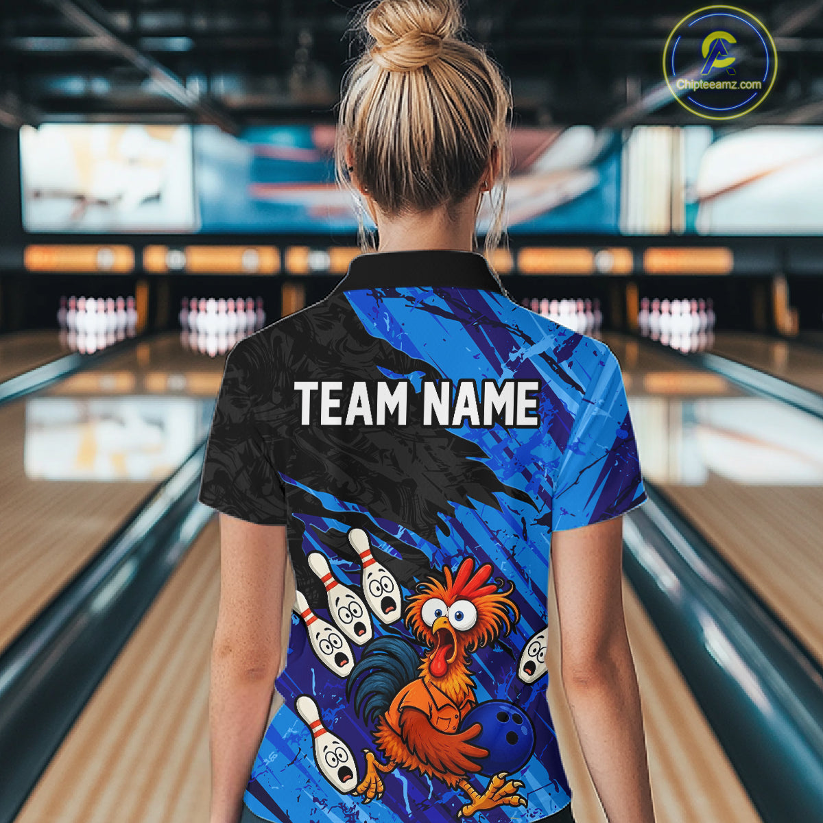 Back view female model wearing custom chicken bowling jersey with personalized team name on back