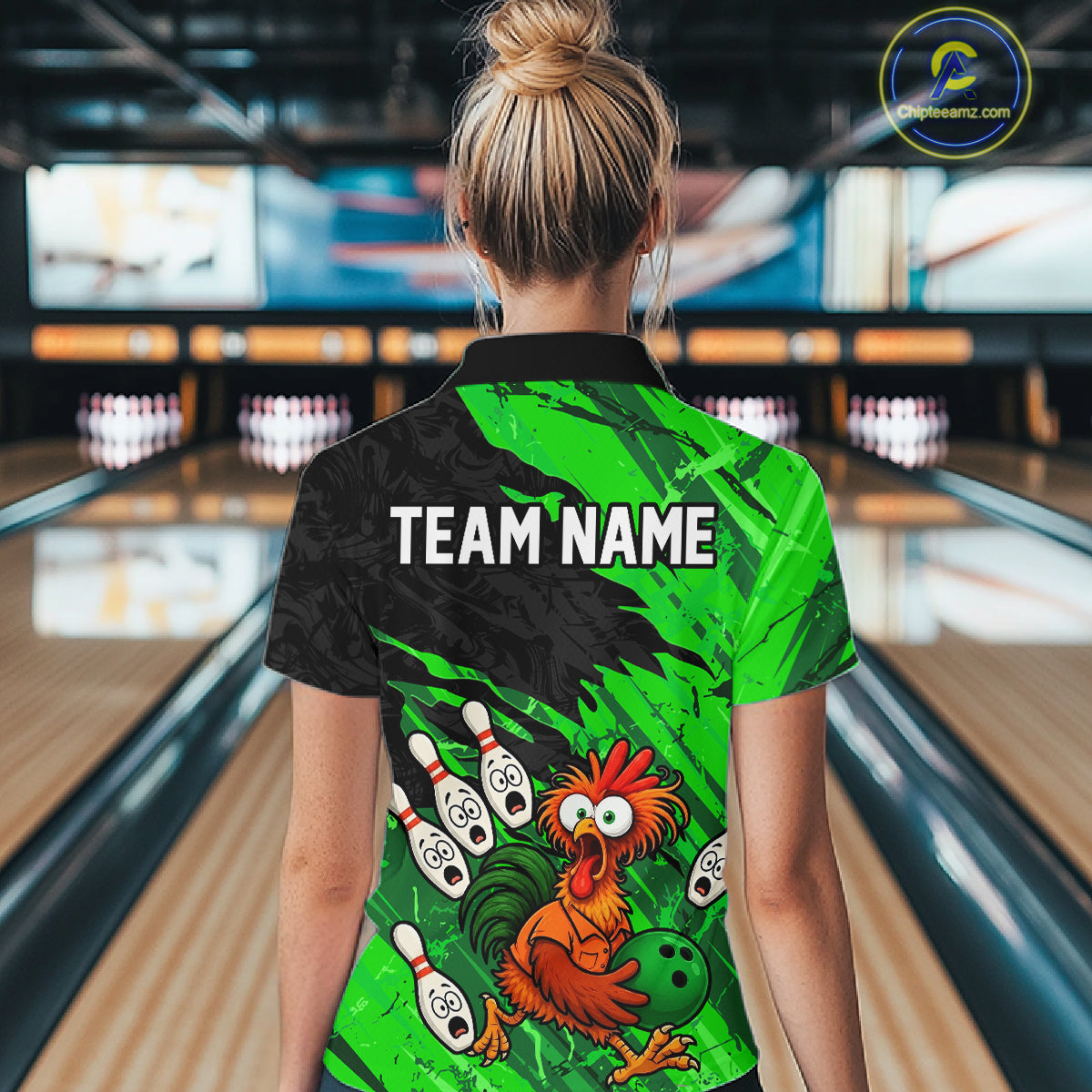 Back view female model wearing custom chicken bowling jersey with personalized team name on back