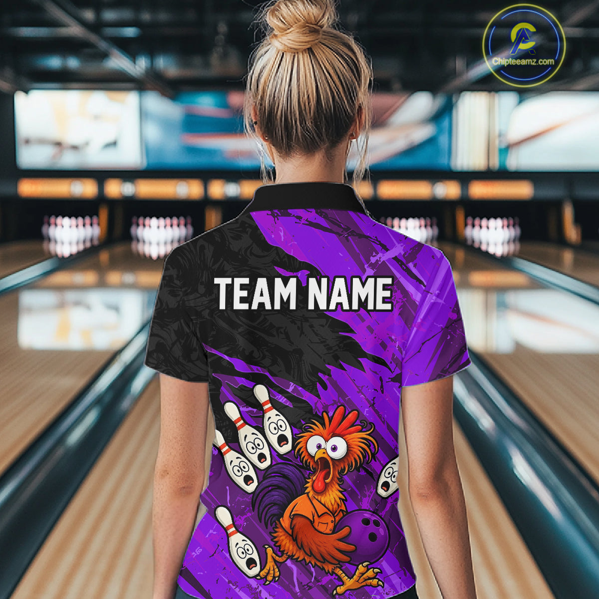 Female model wearing a custom purple chicken bowling polo shirt back view displaying the personalized team name above a colorful bowling mascot graphic on a purple brush stroke background