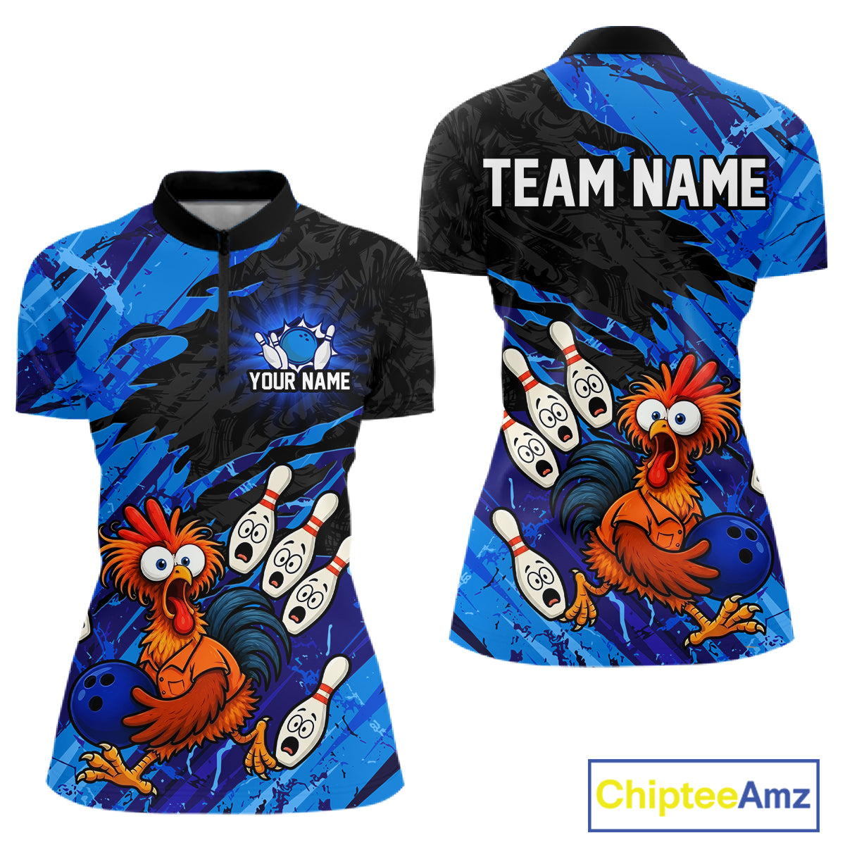 Front and back view custom funny chicken bowling team quarter-zip shirt for women featuring blue abstract bowling design with personalized your name and team name