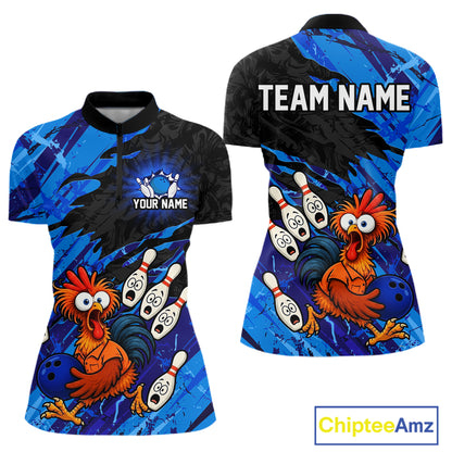 Front and back view custom funny chicken bowling team quarter-zip shirt for women featuring blue abstract bowling design with personalized your name and team name