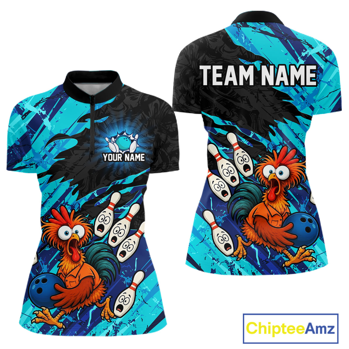 Front and back view custom cyan chicken bowling quarter-zip shirt featuring a funny cartoon bowling mascot with bowling pins, bowling ball and cyan black abstract brush stroke design, personalized with team name and player name