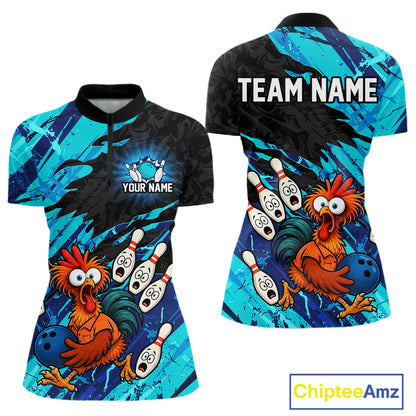Front and back view custom cyan chicken bowling quarter-zip shirt featuring a funny cartoon bowling mascot with bowling pins, bowling ball and cyan black abstract brush stroke design, personalized with team name and player name
