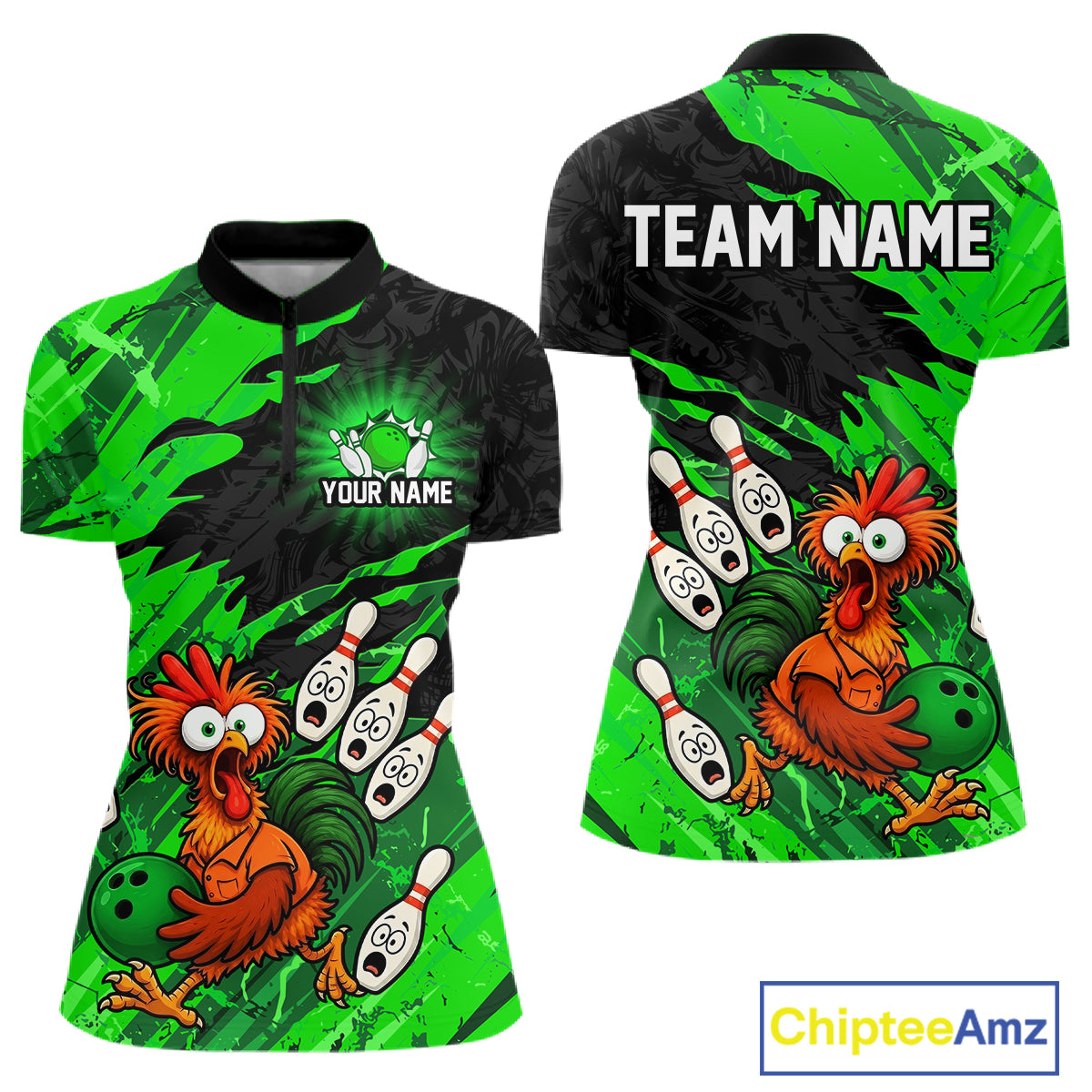 Front and back view custom funny chicken bowling team quarter-zip shirt for women featuring green abstract bowling design with personalized your name and team name