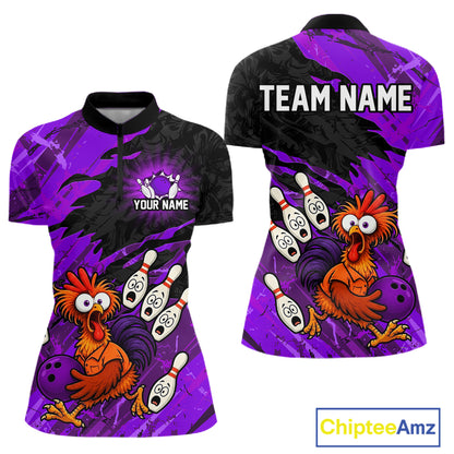 Front and back view custom purple chicken bowling quarter-zip shirt featuring a humorous bowling mascot, bowling pins, bowling ball and abstract purple brush stroke design, personalized with team name and player name