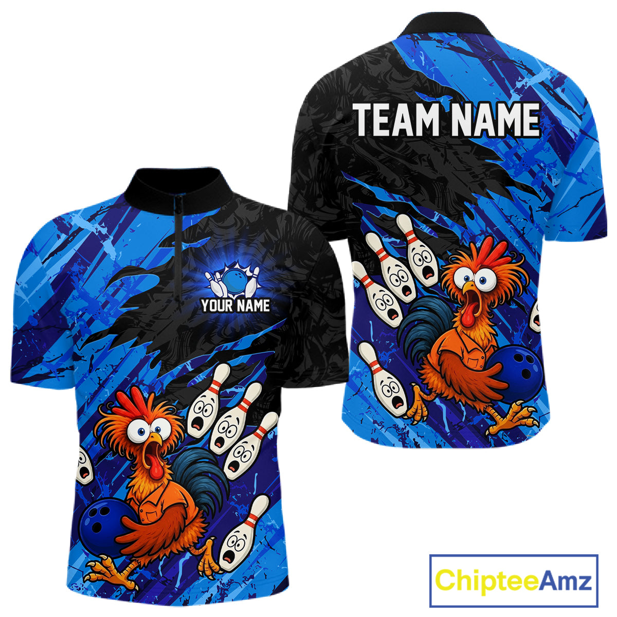 Front and back view custom funny chicken bowling team quarter-zip shirt featuring blue abstract bowling design with personalized your name and team name