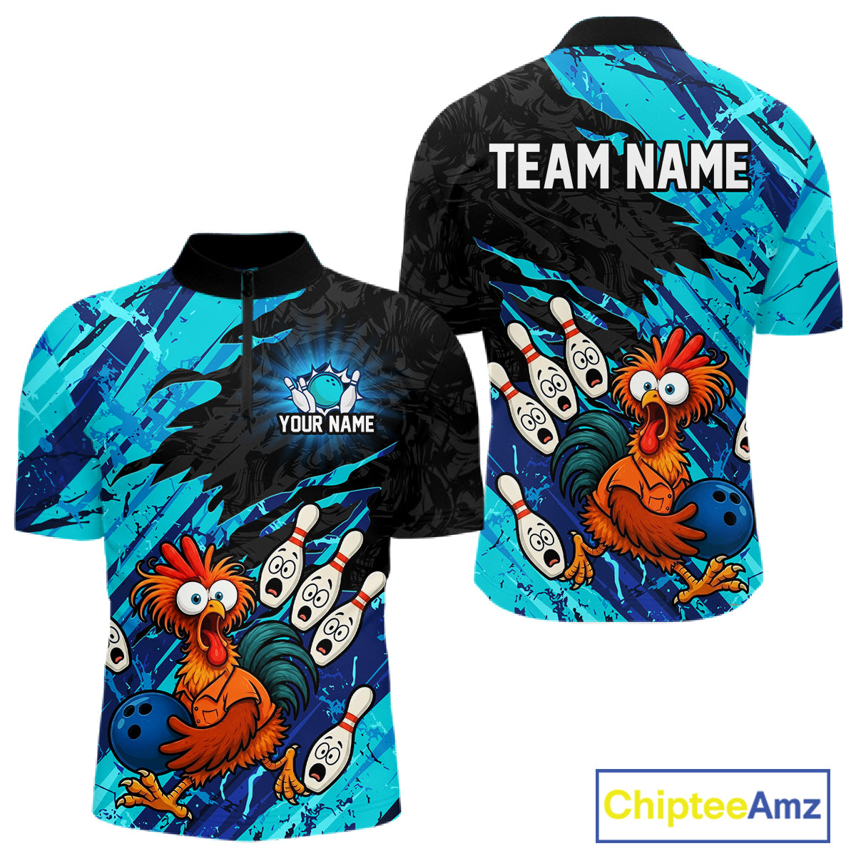 Front and back view custom cyan chicken bowling quarter-zip shirt featuring a funny cartoon bowling mascot with bowling pins, bowling ball and cyan black abstract brush stroke design, personalized with team name and player name