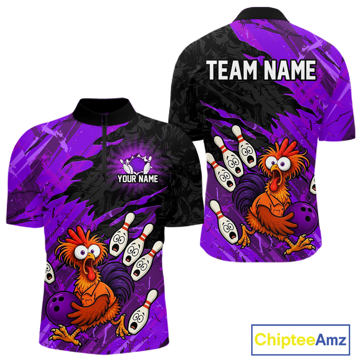 Front and back view custom purple chicken bowling quarter-zip shirt featuring a humorous bowling mascot, bowling pins, bowling ball and abstract purple brush stroke design, personalized with team name and player name