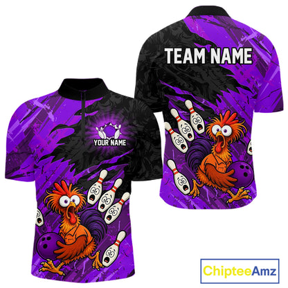Front and back view custom purple chicken bowling quarter-zip shirt featuring a humorous bowling mascot, bowling pins, bowling ball and abstract purple brush stroke design, personalized with team name and player name
