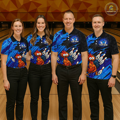 Group of men and women wearing matching custom chicken bowling team shirts with cartoon bowling design