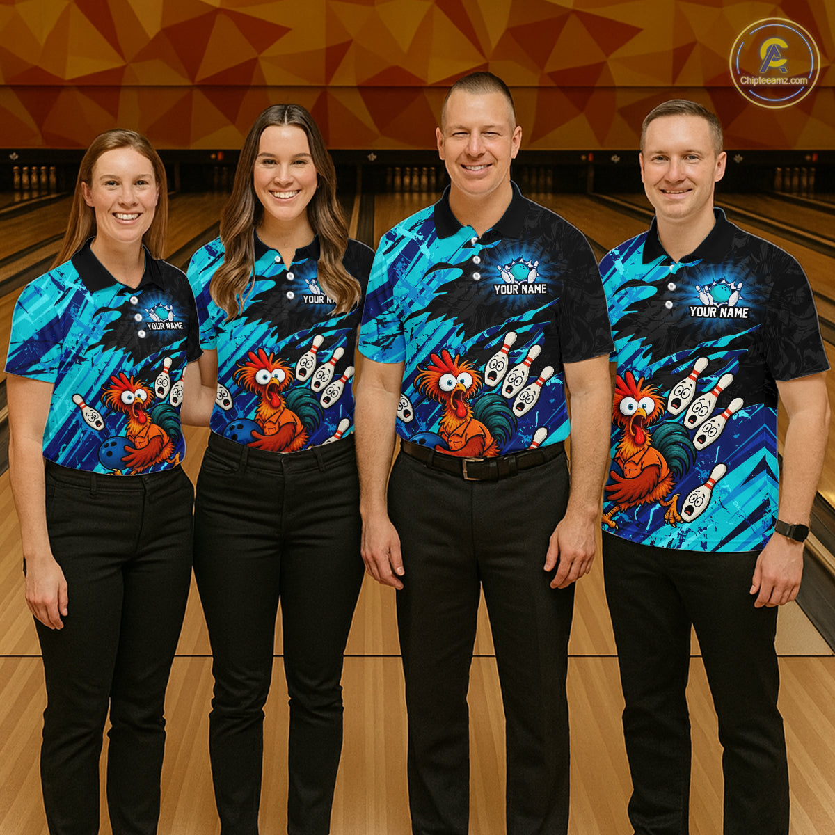 Group of four wearing custom cyan chicken bowling shirts front view featuring colorful bowling mascot artwork with bowling pins, bowling ball and cyan abstract brush stroke pattern at the bowling alley