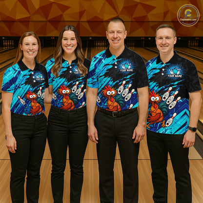 Group of four wearing custom cyan chicken bowling shirts front view featuring colorful bowling mascot artwork with bowling pins, bowling ball and cyan abstract brush stroke pattern at the bowling alley
