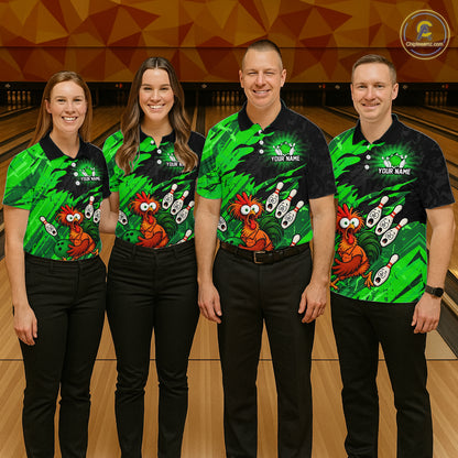 Group of men and women wearing matching custom chicken bowling team shirts in the bowling alley