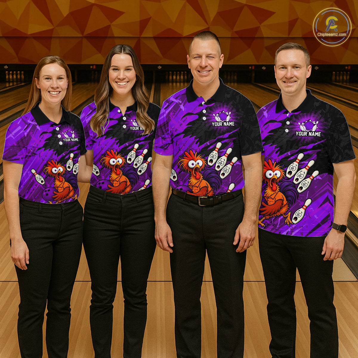 Group of four wearing custom purple chicken bowling shirts front view featuring colorful bowling mascot artwork with bowling pins, bowling ball and purple abstract brush stroke pattern