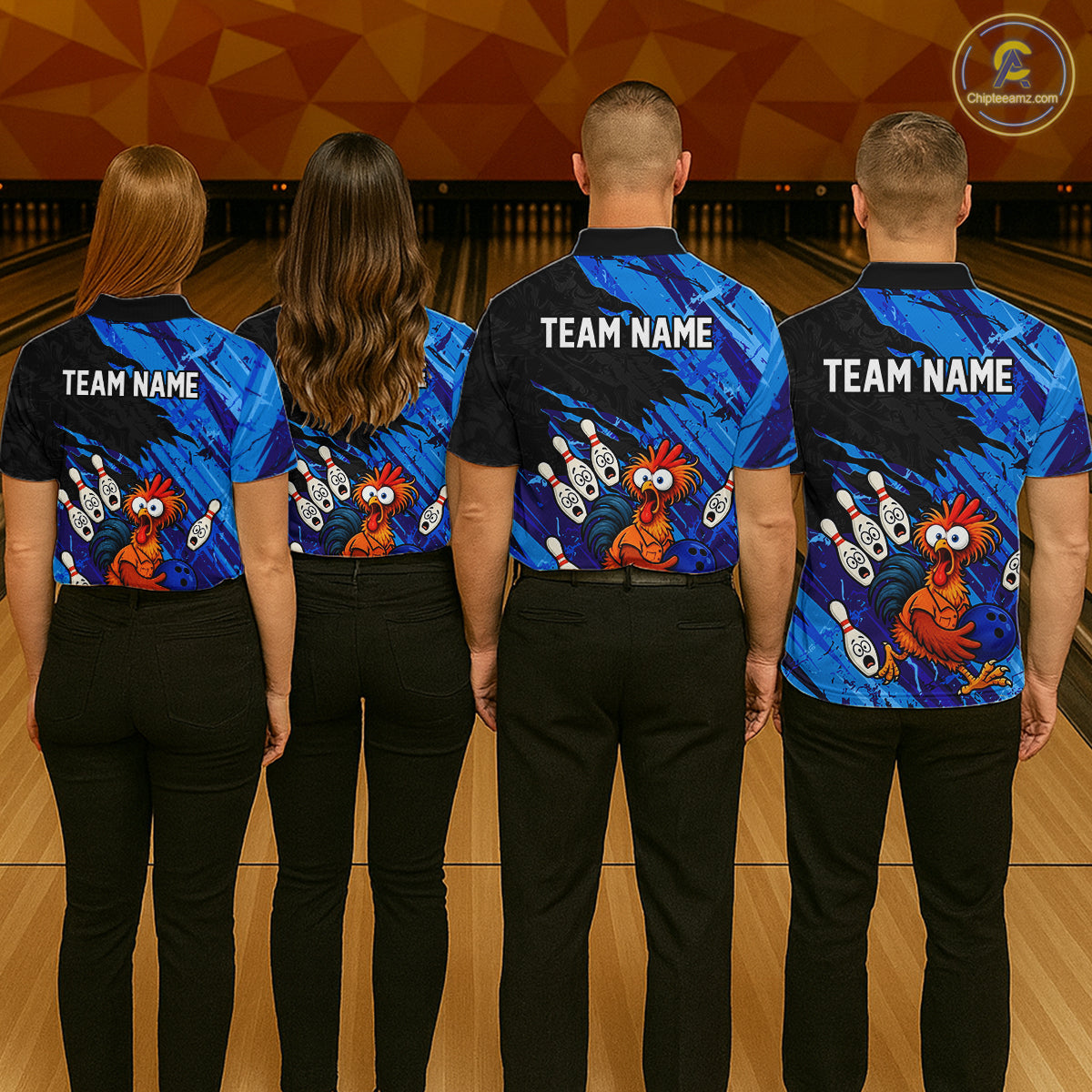 Back view team group wearing custom funny chicken bowling shirts with personalized team names at bowling alley