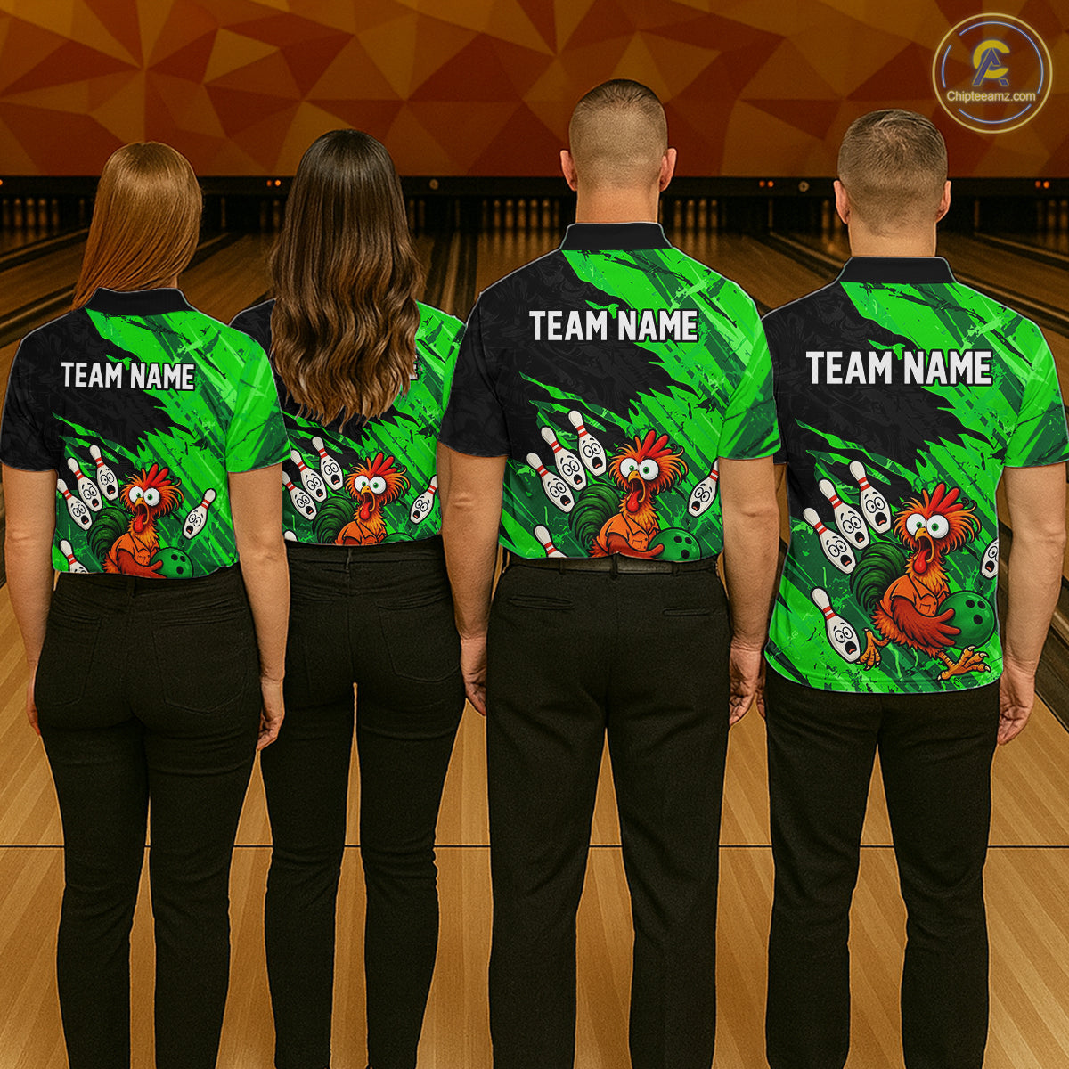 Group of men and women wearing matching custom chicken bowling team shirts with green abstract bowling design