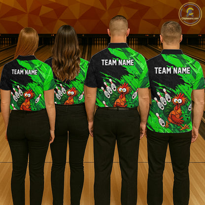 Group of men and women wearing matching custom chicken bowling team shirts with green abstract bowling design