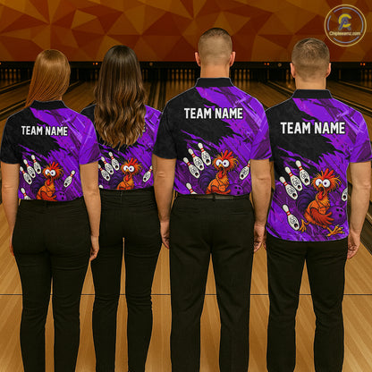 Group of four wearing custom purple chicken bowling shirts back view displaying personalized team names above colorful bowling mascot artwork on a purple brush stroke background