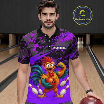 Male model wearing a custom purple rooster bowling polo shirt front view featuring a fierce cartoon rooster, bowling ball, bowling pins and purple black paint splash pattern at the bowling alley
