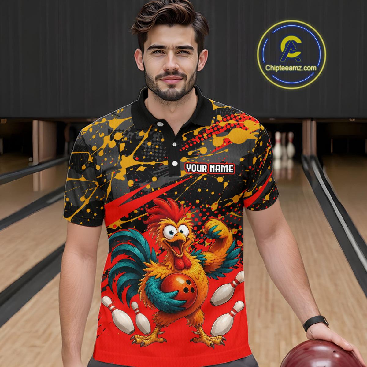 Male model wearing a custom black red rooster bowling polo shirt front view featuring a fierce cartoon rooster, bowling ball, bowling pins and red black paint splash pattern at the bowling alley