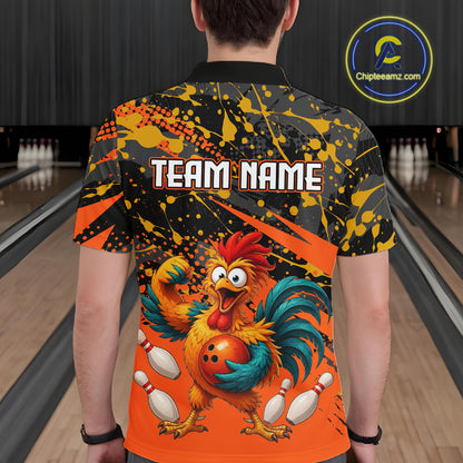 Male model wearing a custom orange rooster bowling polo shirt back view displaying the personalized team name above a fierce cartoon rooster graphic at the bowling alley