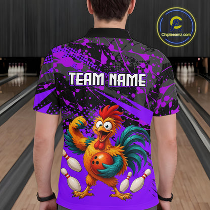 Male model wearing a custom purple rooster bowling polo shirt back view displaying the personalized team name above a fierce cartoon rooster graphic at the bowling alley