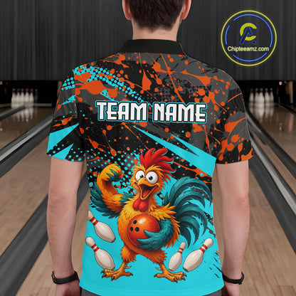 Male model wearing a custom black turquoise rooster bowling polo shirt back view displaying the personalized team name above a fierce cartoon rooster graphic at the bowling alley