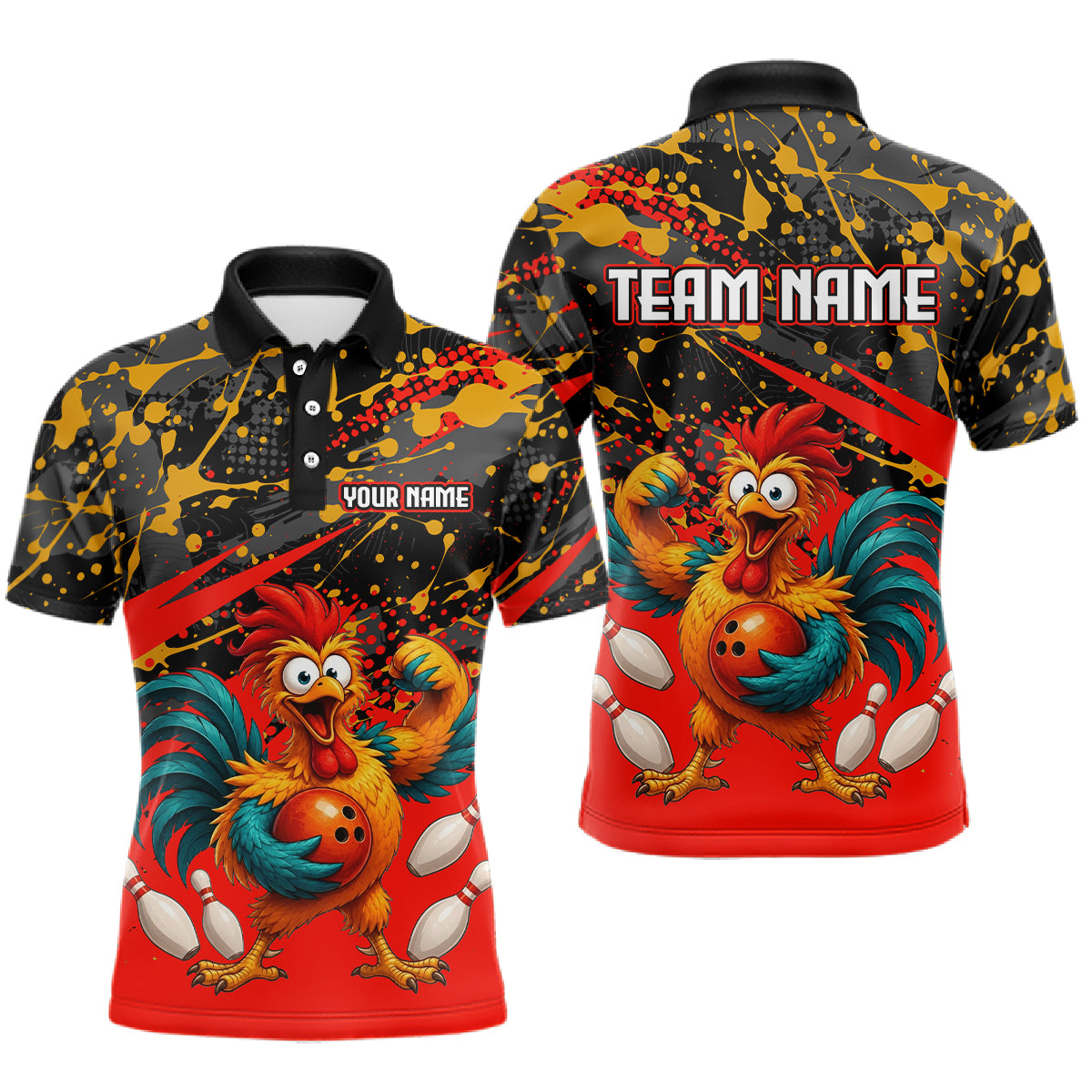 Custom short-sleeve polo shirt shown from the front and back, featuring a colorful cartoon rooster and bowling ball graphic on a black, red, and yellow splatter pattern background. The front has placeholder text 'YOUR NAME' and 'TEAM NAME' on the back.