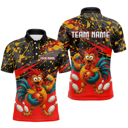 Custom short-sleeve polo shirt shown from the front and back, featuring a colorful cartoon rooster and bowling ball graphic on a black, red, and yellow splatter pattern background. The front has placeholder text 'YOUR NAME' and 'TEAM NAME' on the back.