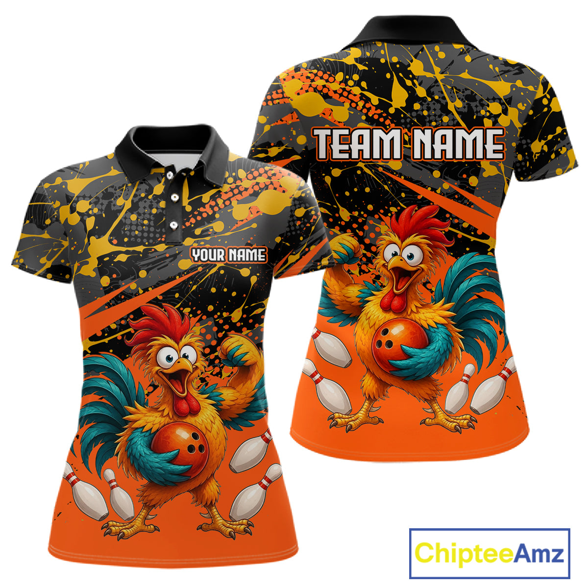 Front and back view custom orange rooster bowling polo shirt featuring a fierce cartoon rooster with bowling ball, bowling pins and black orange paint splatter pattern, personalized with team name and player name